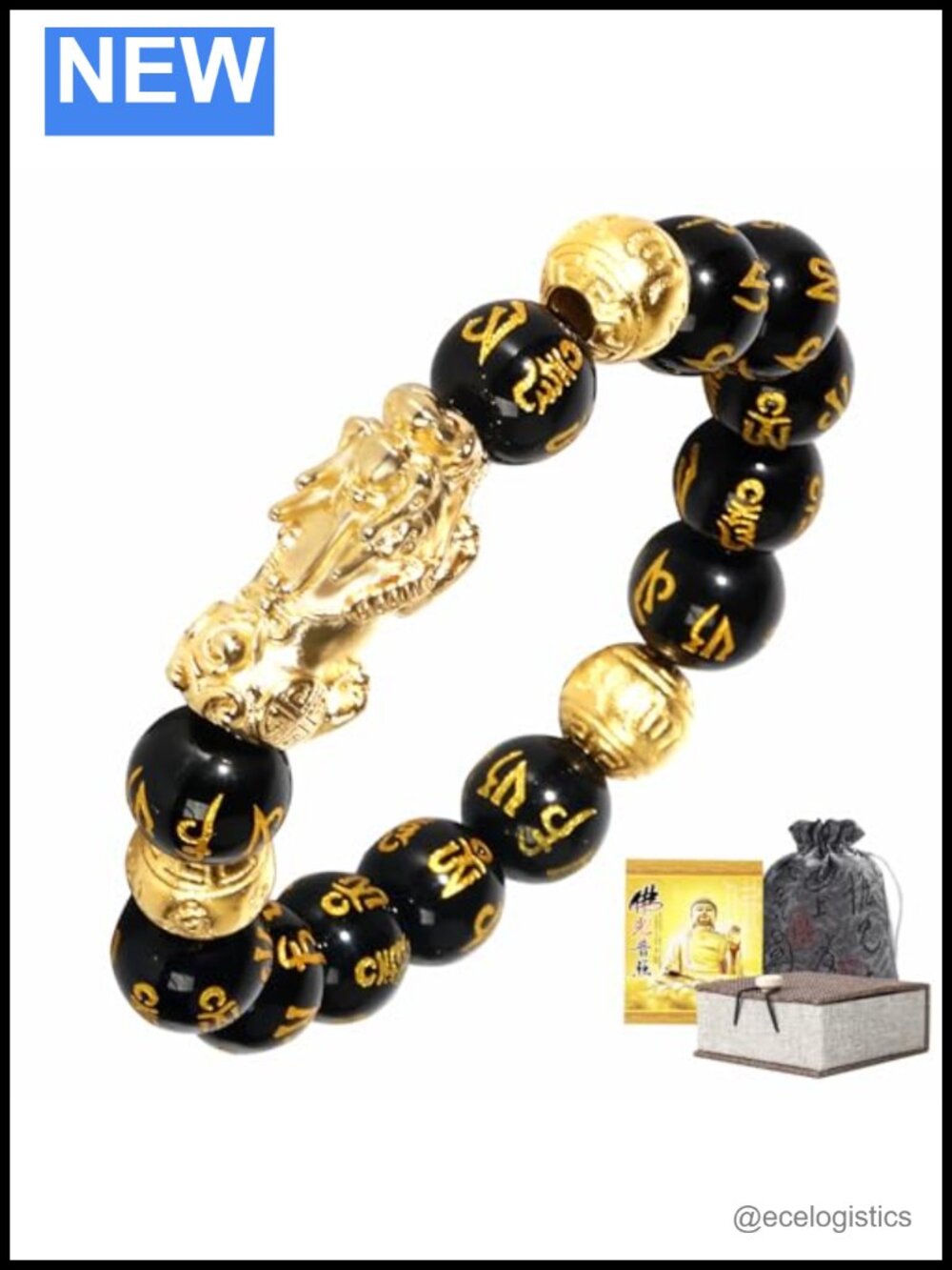 Feng Shui Obsidian Bracelet 24k Gold Plated Pixiu 12mm Mantra Beads